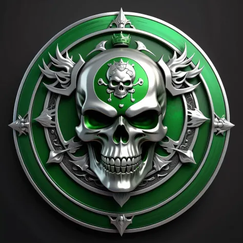 Realistic Round Shield Shape Emblem of a Chinese Platinum&Green Skull Head, Dark Theme, Face and Body, Cool, Platinum&Green Crown, Platinum&Green Skulls For Honor Name, Cinematic, Dark Fantasy, Illustration, 4k, Ultra Resolution, 3Dv0.2v0.2 Render