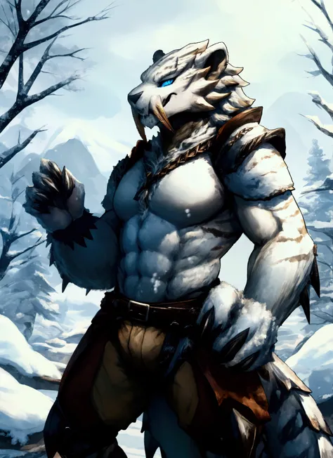 Anthropomorphic fusion of a White dragonborn, and a sabertooth tiger. Male, strong build, leather armor, snow peaks, full body, facing viewer, clawed hands, yellow fangs, white scales, white fur, Scaled chest fur