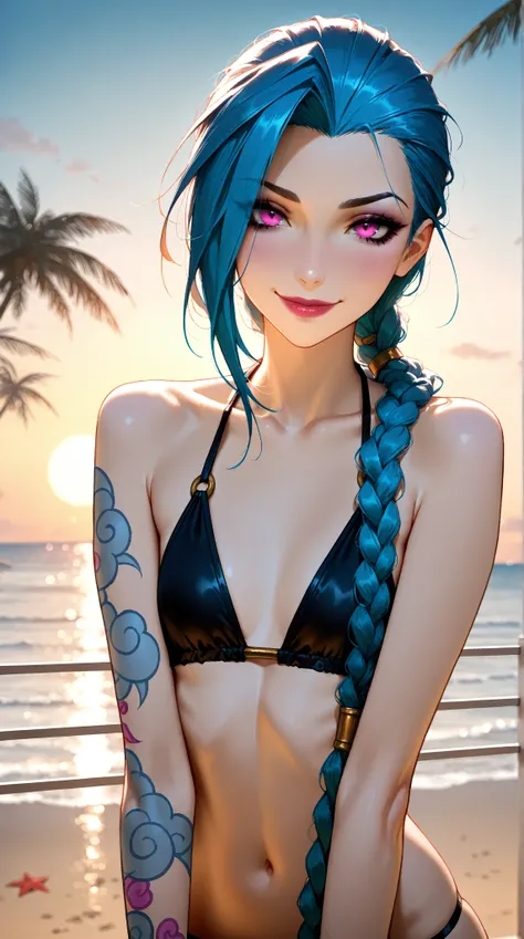 Masterpiece, 1girl, elegant mature woman,  Jinx(League of legends), long hair, slim, tall, dynamic lighting, ultra detailed, highres, absurdres, home,stunning visual cg, playful smile, seductive body expressions,(beach, bikini), upper body shot