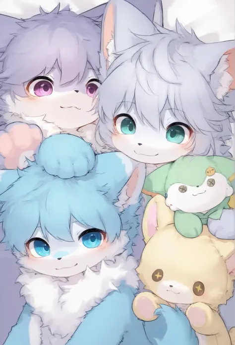  ， Plush ， blue fur，There is hair on the head， ears half gray ， Plush 的头发， cute