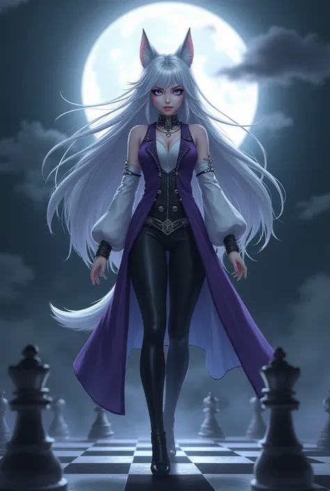 Full body. A Silver Kitsune woman with the essense of Power and mischief. Hair flowing in the wind. Piercing white eyes. Gothic makeup and long lashes. Silver crown. A devious smirk with condenscending look. Dressed in a purple and white vest and black fit...