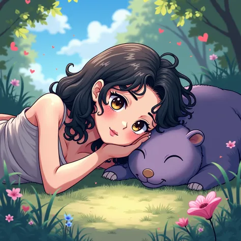 anime, girl, lying down,Age 20 years,  curly black hair, brown eyes ,com uma capivara roxa lying down 