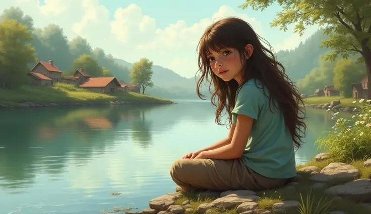 A young girl sitting by the riverbank, her long hair gently swaying in the breeze. She has a kind and thoughtful expression, looking at her reflection in the water, with a peaceful village in the background and a few huts nearby."