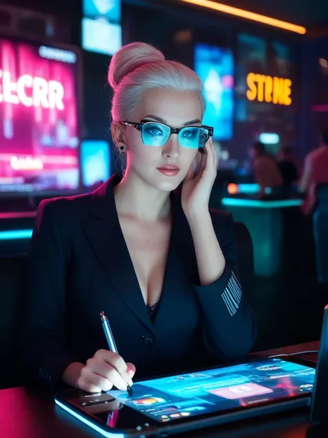 A stunning cyberpunk girl with a confident and charismatic expression, wearing a sleek, futuristic business suit with neon accents. She has sharp, piercing eyes and a stylish asymmetrical haircut. The city lights reflect in her high-tech augmented glasses,...