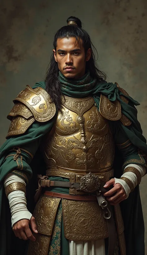 Close epic photography, of gajah mada as absolute warrior, absolute Formidable, detail Handsome face,clean face,Perfect long hair,detail muscular fit body, wear Pure shaby bulk savage java ancient warrior (Larger And wider Gold and grey traditional with ja...