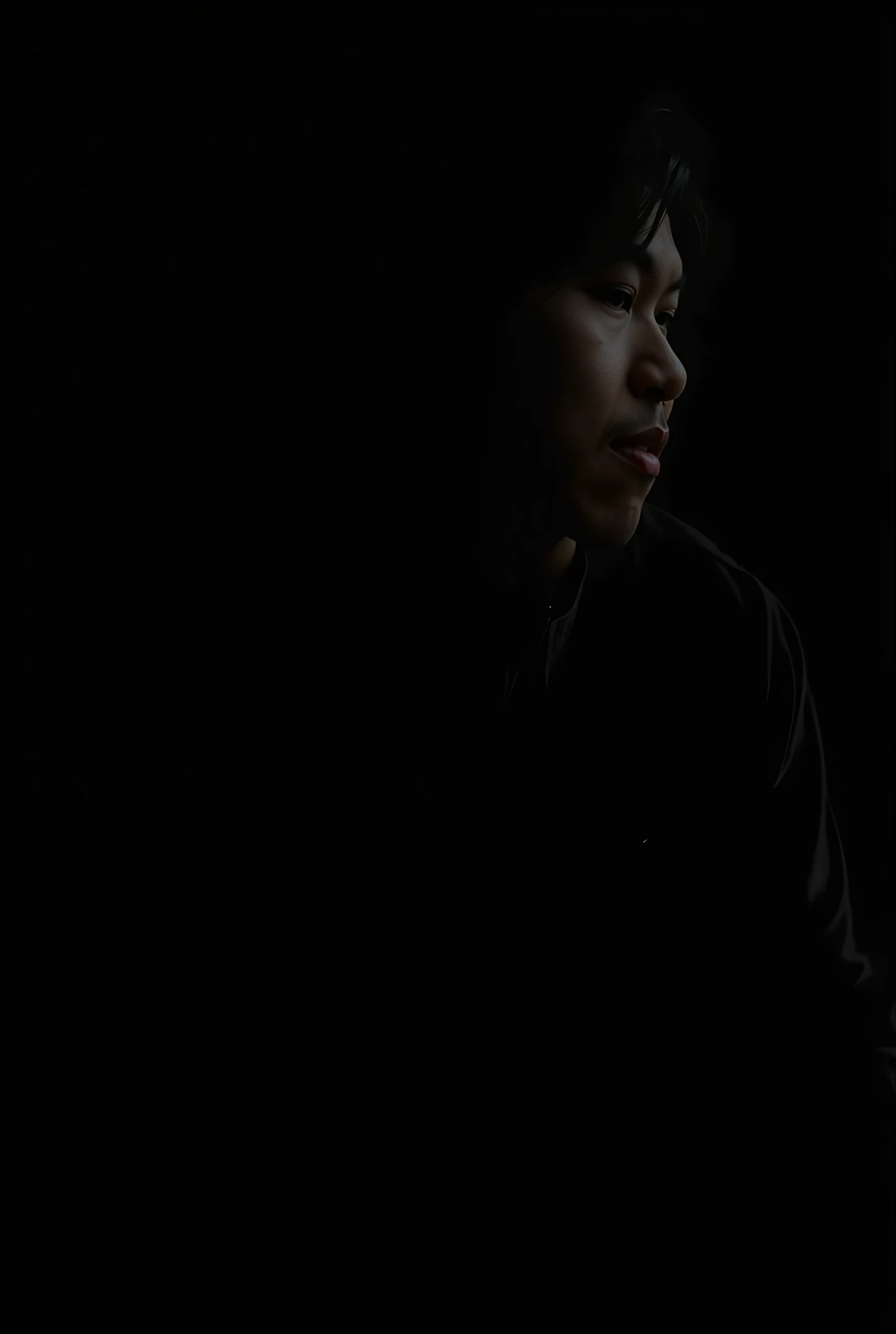 A man sitting down, with black background and black shadow