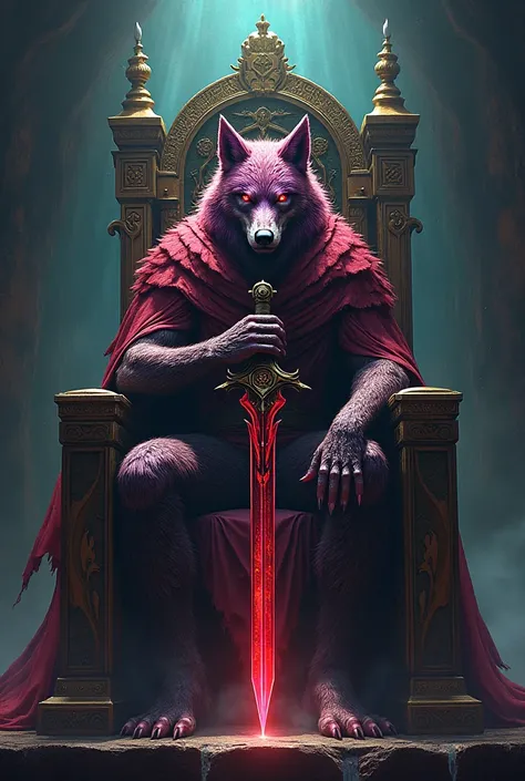 A wolf in the shape of a demonic God sitting on a throne with the name Luis on a purple, red and green sword, and the wolf also red, purple and green.