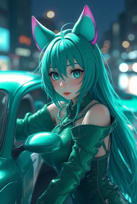 Animated Video 、Lancer car with turquoisegreen animal mouse ear anime women on the door. High resolution night photo. Anime Characters、 Turquoise Green Glossy Haired Characters,turquoise green mouse ear girl 、car coating