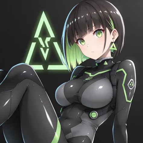 masterpiece, (((( best quality )))),1 girl, Japanese Anime ,character profilele,shiny skin, wearing a black pilot suit, dark hair, short bob hair,The inner color of the hair is green, green eyes,isosceles triangle earrings, black tights,large breasts