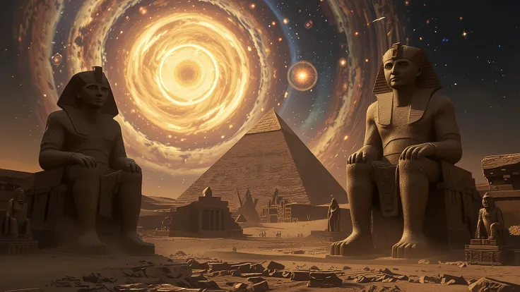 A mystical and cosmic scene from Ancient Egypt, featuring towering stone statues of pharaohs and a majestic pyramid set against a surreal starry sky. The sky is filled with glowing spiral galaxies, golden nebulae and twinkling stars, creating an atmosphere...