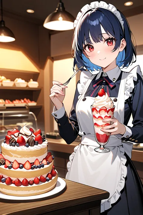 1 girl, masterpiece,  high resolution, accurate,  high detail, smile, blush, cowboy shot,
Short blue-haired girl, red eyes, Short blue-haired high school girl, red eyes, café uniform with frilly apron, cozy café setting, making a luxurious strawberry parfa...