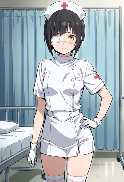 Score_9, score_8_up, score_7_up, source_anime, omoharu nakanaka, solo, short hair, black hair, yellow eyes, eyepatch, (best quality), (high quality), {masterpiece}, extremely delicate and beautiful, ultra-detailed, beautiful detailed eyes, nurse, nurse hat...