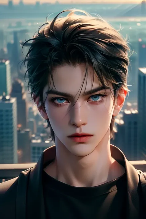 anime boy, handsome face, black hair, blue eyes, charming gaze, looking at the viewer, casual style, city background, (eye details, face details, body details), (make clear and good images), (make 4k and 8k images), (masterpiece)