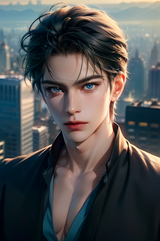 anime boy, handsome face, black hair, blue eyes, charming gaze, looking at the viewer, casual style, city background, (eye details, face details, body details), (make clear and good images), (make 4k and 8k images), (masterpiece)