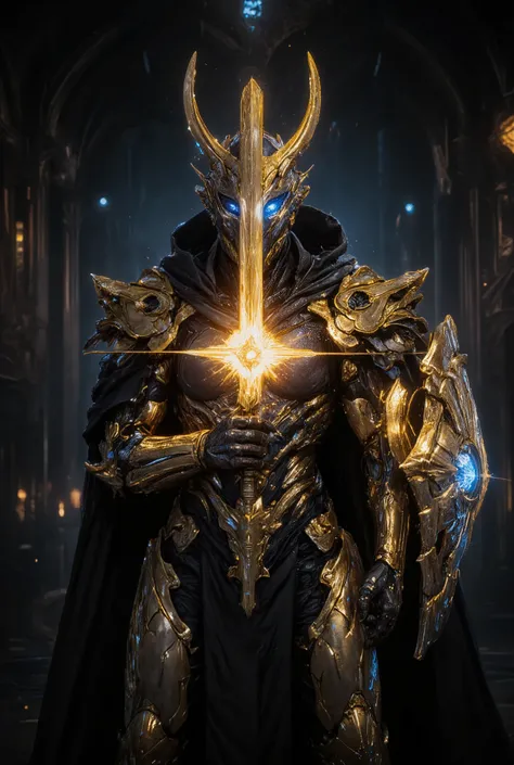 An awe-inspiring paladin wearing golden armor, wielding a sword imbued with radiant light, and holding a golden giant shield. The paladin’s blue eyes shine with determination as they navigate through the dark and mysterious cityscape. The glow of the palad...