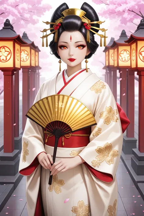 Main Subject:
"Akezakura (Vermilion cherry ), a legendary Oiran courtesan, standing gracefully in a luxurious Edo-period pleasure district. She wears a stunning red and gold uchikake kimono with intricate cherry blossom embroidery, flowing elegantly. Her o...