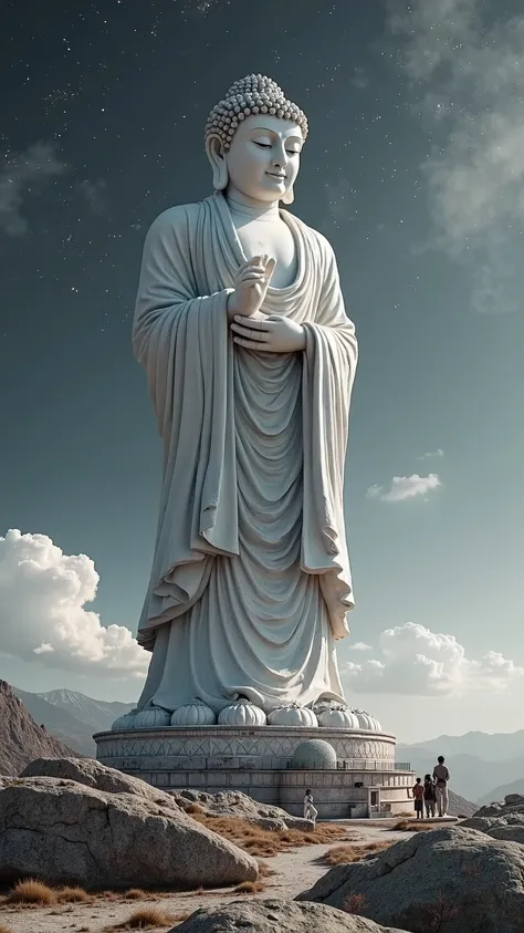 En style porcelaine，Au loin, A huge, a large Buddha statue stands in space，Regarder la Terre，Statue de Bouddha debout，with bright light，Effets de lueur，Pilgrims on the way，Hyperrealistic，Ultra-Photo-Realism，real photography，8k，high resolucion，High quality，...