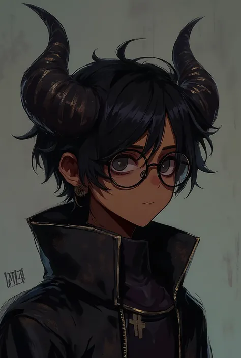 A young male character with a dark aesthetic. He has messy, slightly wavy black hair covering part of his forehead. His eyes are black with a serious and mysterious expression. He wears round glasses with a thin black frame. His skin tone is a rich, deep b...