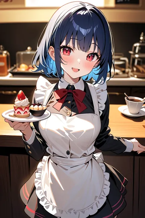 1 girl, masterpiece,  high resolution, accurate,  high detail, smile, blush, cowboy shot, open mouth, 
Short blue-haired girl, red eyes, Short blue-haired high school girl, red eyes, café uniform with frilly apron, cozy café setting,  a luxurious strawberr...