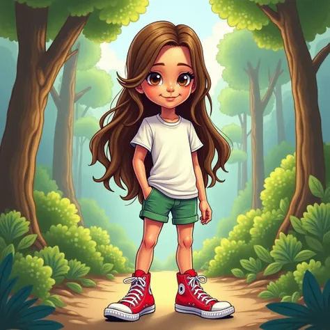  cartoon style cartoon,  long brown hair,  brown eyes, short verde liso,  plain white t-shirt , All star style red sneakers in a forest