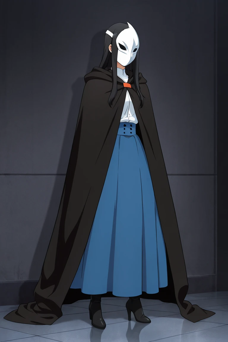 high resolution, masterpiece, necessary, detail, best quality, quality, necessary, details, High details, Precise, 
 
1girl_ ufotable style, ufotable anime

(Solo), 1girl, faceless, mask covered face, white mask with black eyes and blue lining, black hair,...