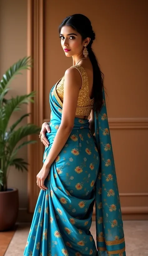 A 30-year-old South Asian woman with a radiant complexion, wearing a vibrant printed blue saree with intricate golden embroidery, paired with a matching golden blouse. The saree is draped in traditional Indian style, cascading elegantly over her left shoul...