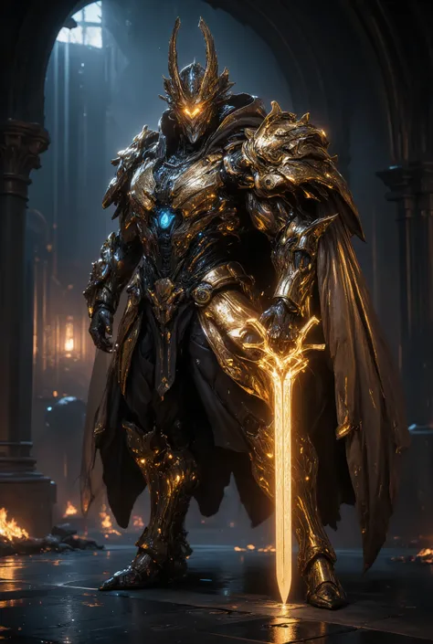 An awe-inspiring paladin wearing golden armor, wielding a sword imbued with radiant light, and holding a golden giant shield. The paladin’s blue eyes shine with determination as they navigate through the dark and mysterious cityscape. The glow of the palad...