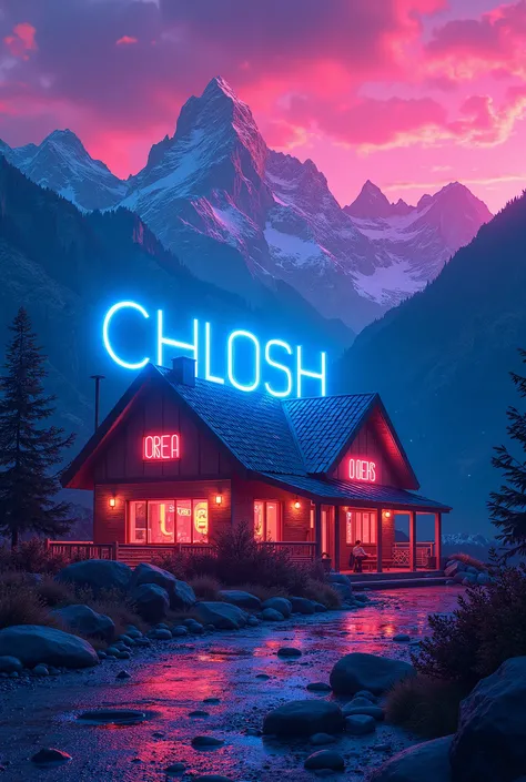 Create an image with a title that didig"Cerro house" In neon color blue and in the background an image of mountaineering also in neon