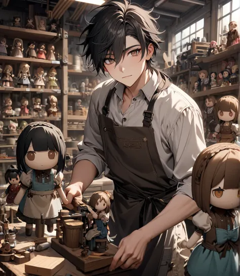 Solo, 1boy, male, 21 years old, black hair, brown eyes, beautiful color, beautiful eyes, high detail, detailed background, apron, workshop, dolls, marionette dolls 