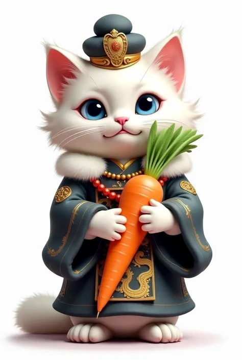 The image background white. depicts a beautiful, cute, blue-eyed white cat wearing traditional imperial clothing of the Qing Dynasty of China, including a dark grey color dragon-patterned robe resembling the embroidered base of the emperor's dragon robe Co...