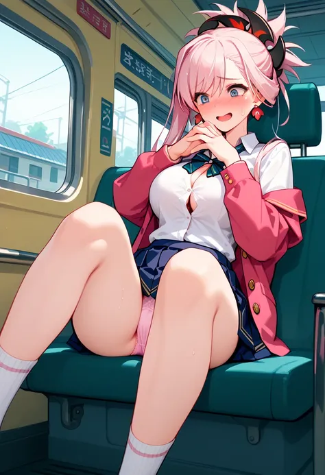 wholebody,((holding face in own hands,half naked,micro skirt,in the train,socks,pink plain panty,open blazer school uniform,open white shirts,socks))),1girl,wholebody,(((face coverd by hands,Awkward,awkward smile,open mouth, nervous sweating ,shy,in heat))...