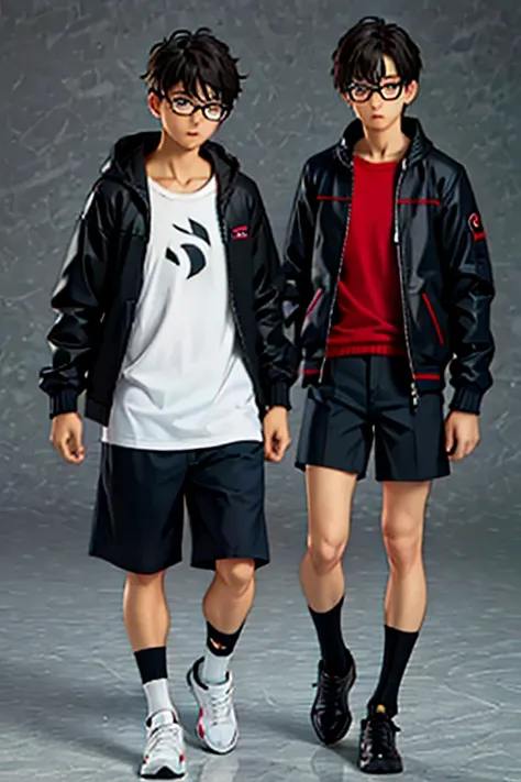 Male, jacket, shorts, socks, shoes, glasses