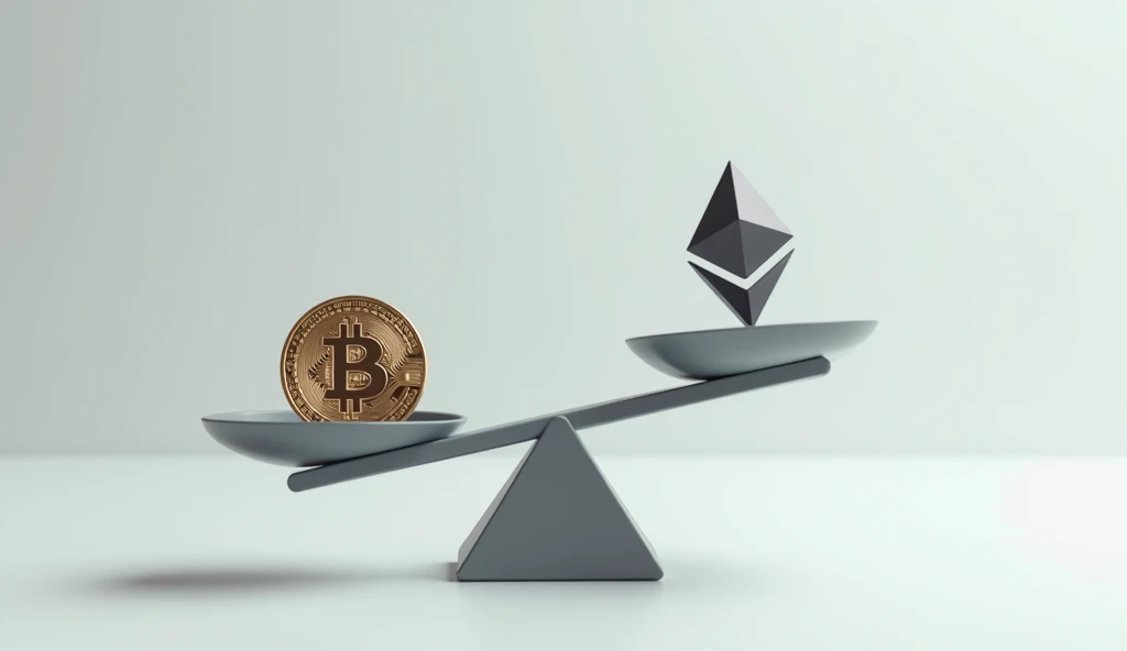 A balance scale with Bitcoin on one side and Ethereum on the other. Ethereum is falling off rapidly, while Bitcoin remains slightly more stable.