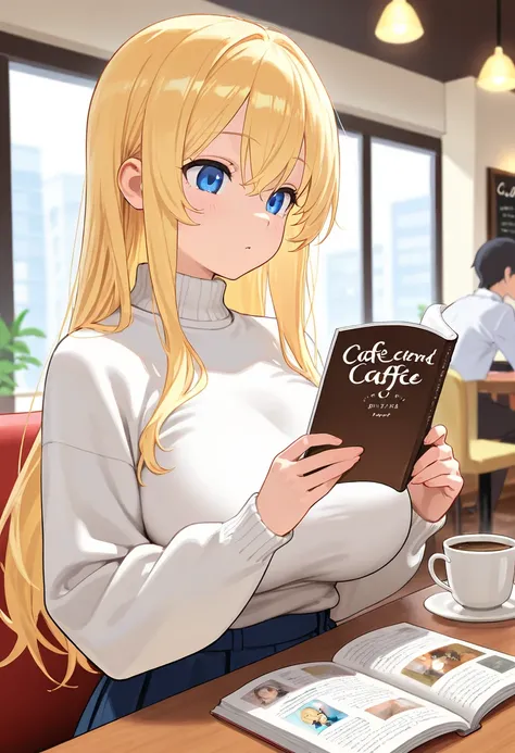 a high school girl, big tits, blond long hair, blue eyes, cafe, reading a paperback, white sweater