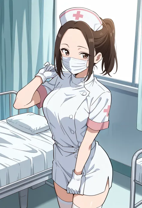 Score_9, score_8_up, score_7_up, source_anime, nene onemine, solo, forehead, brown hair, ponytail, mole, mole under eye, (best quality), (high quality), {masterpiece}, extremely delicate and beautiful, ultra-detailed, beautiful detailed eyes, nurse, nurse ...