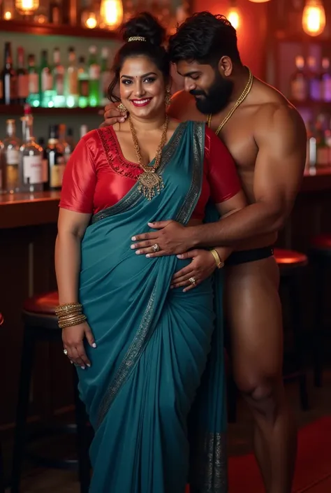 Curvy, voluptuous, sexy, indian married dusky aunty, wearing shiny transparent blue silk long sari and red low neck silk blouse,wide hips,Big thighs, messy bun, lipstick, smiling face, strap high heels, Jewellery, white skin tone, curvaceous hourglass figu...