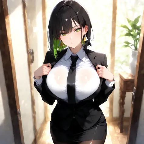 masterpiece, (((( best quality )))),1 girl, Japanese Anime ,,shiny skin, wearing a black suit,skirt suit, black tie , dark hair, short bob hair,The inner color of the hair is green, green eyes,isosceles triangle earrings, black tights,large breasts