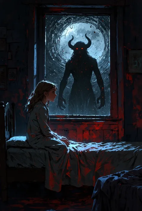 ", the girl sitting on top   . Bed in pajamas    ,     her posture tense   ,   , and her eyes were wide with fear.  ,    she looked with concern   , mirrors .  Dark room ,     casts a shadow on the wall    . Through the window    ,    with the black shadow...