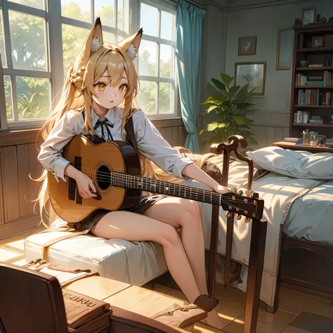   one girl ,   Detailed Details  , big fox ears yellow eyes  、Blonde,  braided hair,   white underwear, skin,   white bed,   facing forward,  sitting cross-legged,  Playing an acoustic guitar,  In front of a big window ,   Sex Leaked By Morning , Hardwood ...