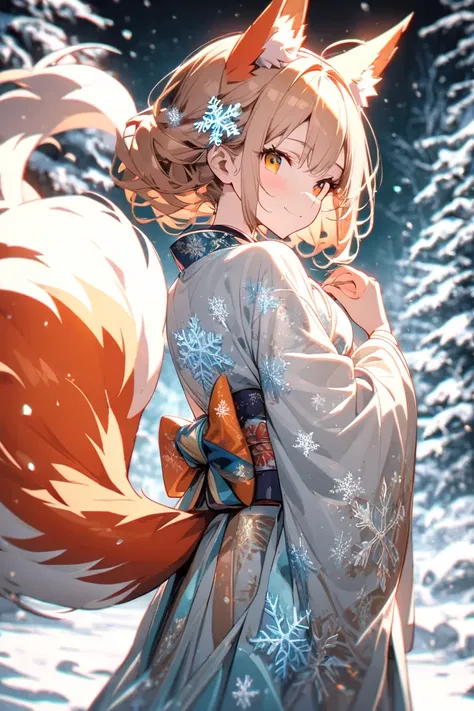  1girl , masterpiece, high resolution, high detail, top quality, best quality, 
from back, looking at viewer, tail focus, Mystical anthropomorphic Ezo red fox girl, two fluffy golden fox tails, golden-orange wavy hair, amber eyes, delicate fox ears, elegan...