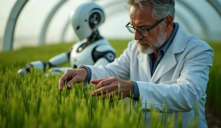 Ultra-HDR close-up: A French agricultural engineer in a lab-coat inspects heirloom black rice grains in a climate-controlled biodome. Beside them, a gourmet farming robot with gold-tipped fingers adjusts UV exposure for premium "terroir" development. Bokeh...