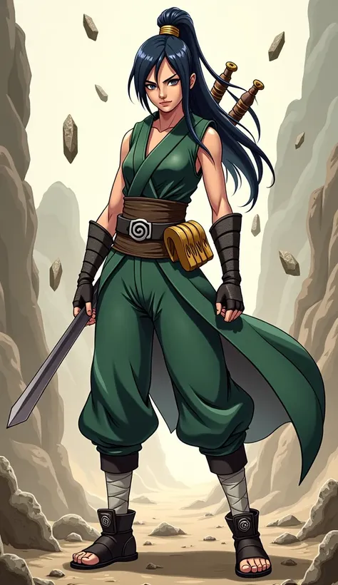 hybrid character combining Tenten from Boruto and Tremor from Mortal Kombat. The character should have Tenten’s sleek ninja outfit, modified with Tremor’s rugged, earth-based armor. Her weapons should include Tenten’s scrolls, infused with Tremor’s rock-ba...