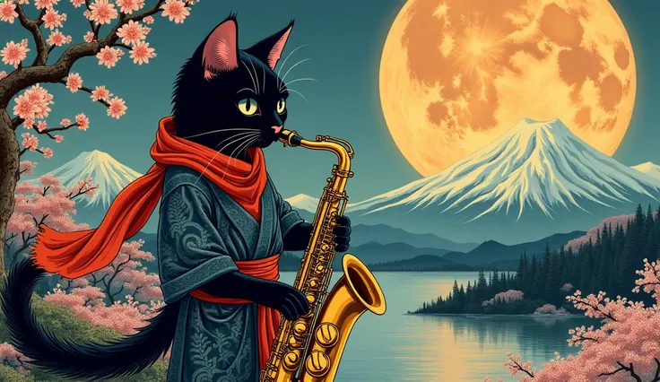  x} Traditional Ukiyo-e style illustration depicting a small ninja cat playing a live-action kitten . Cats are dark  ,   combines intricately patterned ninja costumes 。 flowing scarves  ,  The saxophone stands confidently while skillfully playing an instru...