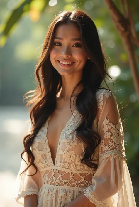 A beautiful Indonesian woman with radiant skin, wearing an elegant traditional kebaya with intricate lace details. She stands gracefully in a stunning outdoor setting with soft natural lighting, exuding confidence and charm. Her long, wavy hair flows gentl...