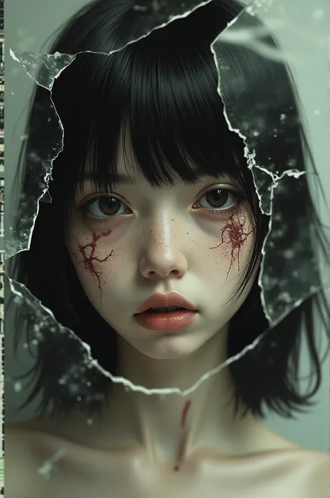 A young girl with black hair with some wounds on her face, like an old photo, she is broken into fragments like a broken mirror that is just her face and the mirror completely broken.
