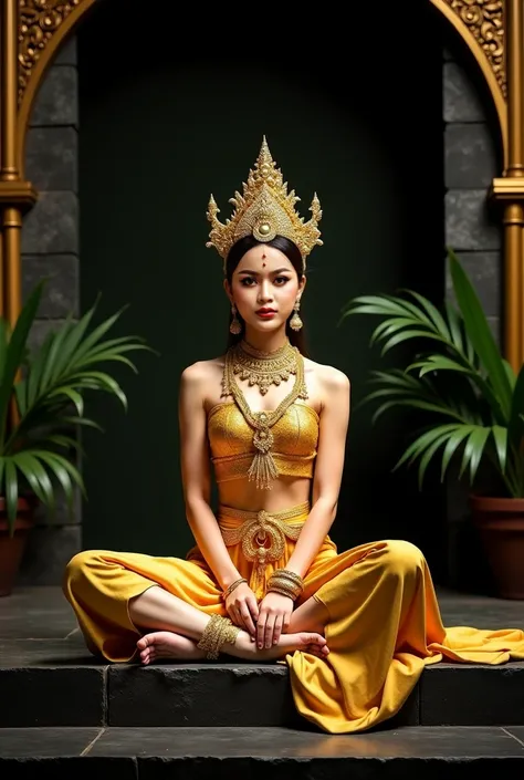 A young woman, likely Southeast Asian, sits gracefully on a dark, ornate stone platform.  She is adorned with a golden, elaborate headdress and intricate golden jewelry, including necklaces, bracelets, and anklets.  She wears a traditional golden-yellow, p...