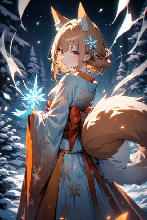   1girl  , masterpiece, high resolution, high detail, top quality, best quality, Release the magic of swirling ice from your hands, 
from back, looking at viewer, tail focus, Mystical anthropomorphic Ezo red fox girl, two fluffy golden fox tails, golden-or...