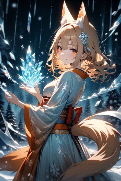   1girl  , masterpiece, high resolution, high detail, top quality, best quality, Release the magic of swirling ice from your hands, 
from back, looking at viewer, tail focus, Mystical anthropomorphic Ezo red fox girl, two fluffy golden fox tails, golden-or...