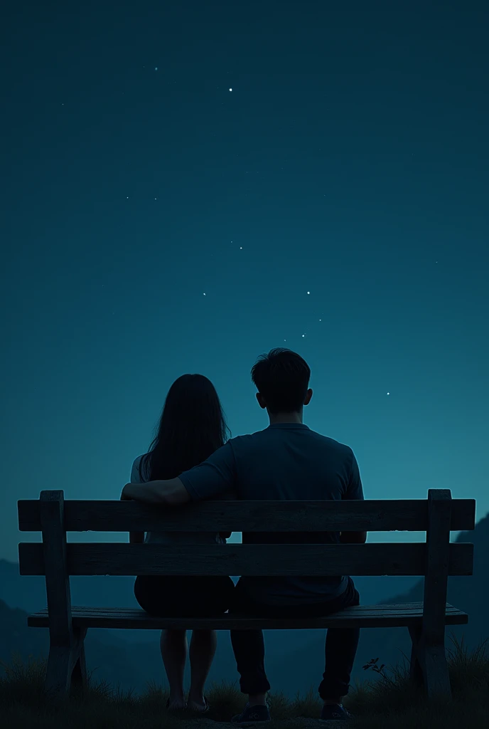 Foto realistic, man and woman sitting close together on a worn bench ,their position with their backs to the camera , man's right hand embraces the beautiful woman next to him , both looking towards the night sky scene yangvoenuh stars,is quiet in the dark...