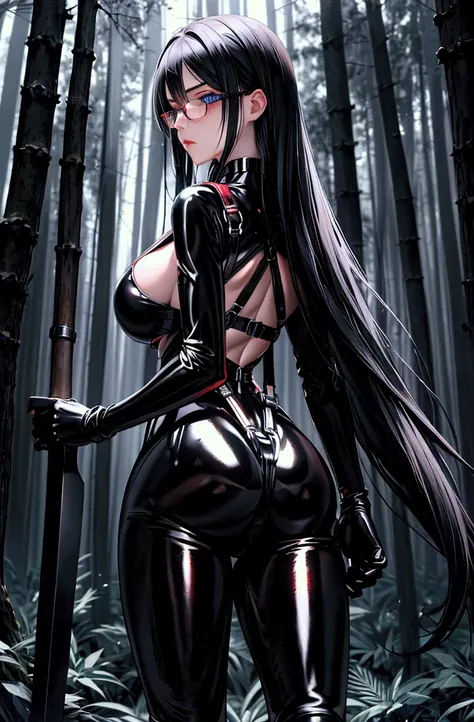  better quality,  detailed), (( perfect hands)), 1 girl, Alone , holds an axe in his hand, (((tight shiny black bodysuit))), (((red harness))), ((( shiny black leggings))), ((shiny black gloves )), ( seen from behind),  perfect ass,  looking at the spectat...